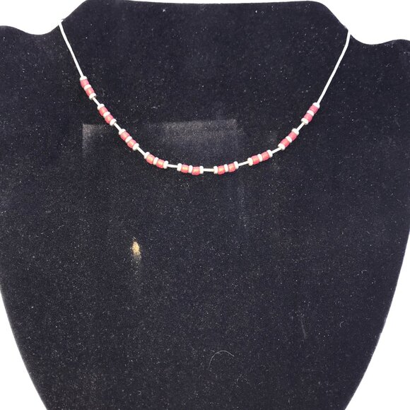 15" Shiny Orange Red and Silver Beaded Necklace - Picture 6 of 7